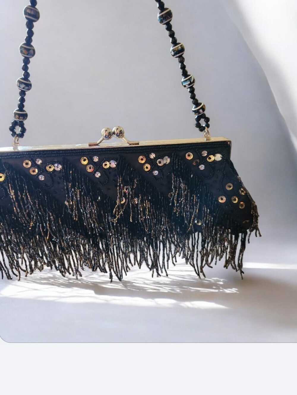 Black Beaded Fringe Evening Clutch - Elegant Party Bag■ Firm《■ EUC